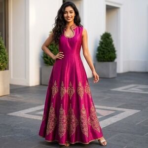 Magenta Raw Silk Anarkali Gown Gold Zari Embroidery Keyhole Neck Formal Dress